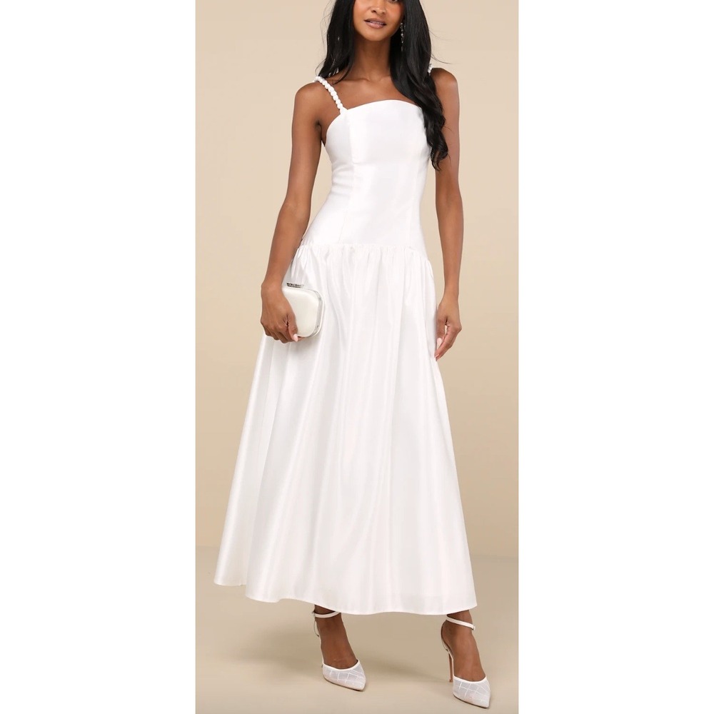 NWT Lulus Modern Adoration White Satin Backless Lace-Up Maxi Dress Bridal XL